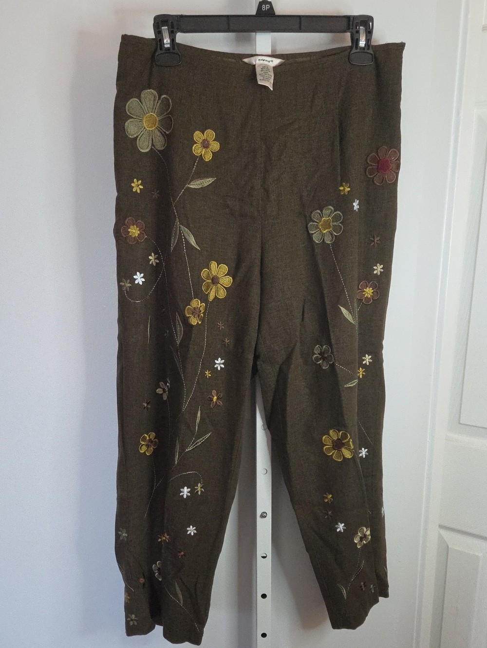 Vintage Edward Floral Embroidered Linen Blend Pants Brown Side Zip Size 10